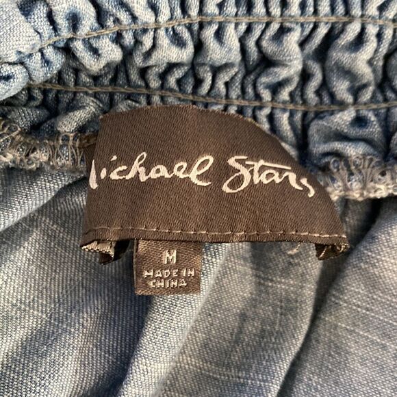 Michael Stars Medium Off Shoulder Chambray Smocked Neckline Shoulder Blue - Picture 6 of 7